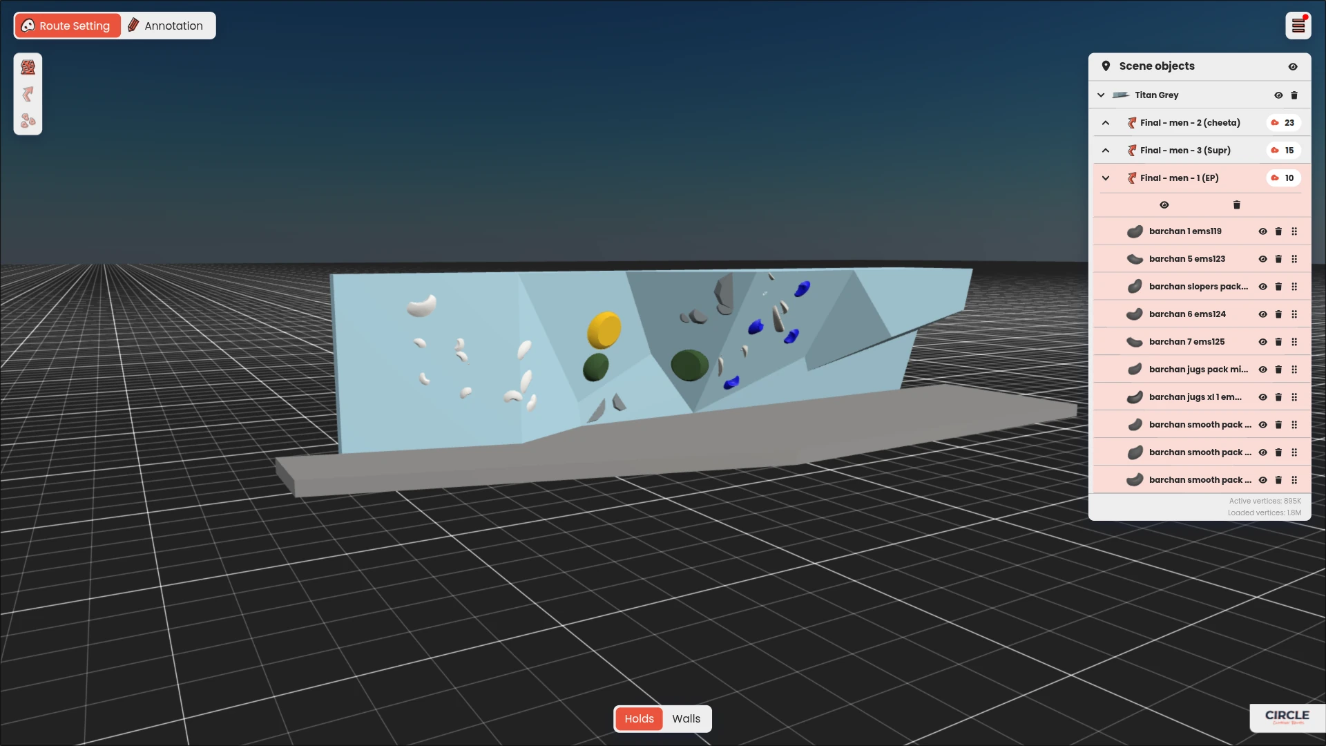 A wall modelled in Circle Workspace with the list of objects in the scene