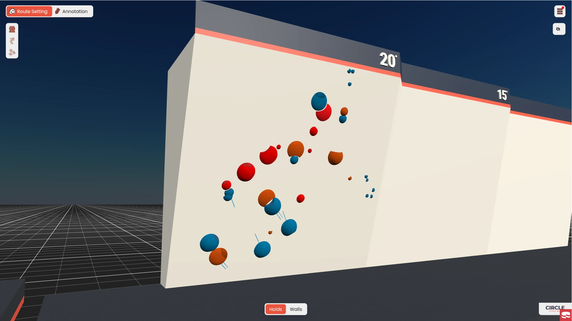 Holds and volumes modelled in 3D on a wall